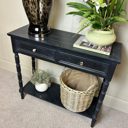 Charcoal black two drawer console with shelf