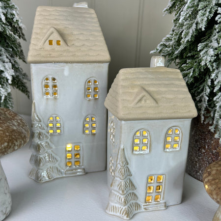 LED lit ceramic house with tree detail 2 sizes