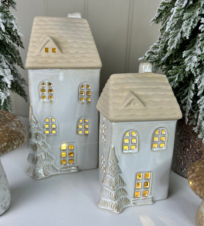 LED lit ceramic house with tree detail 2 sizes
