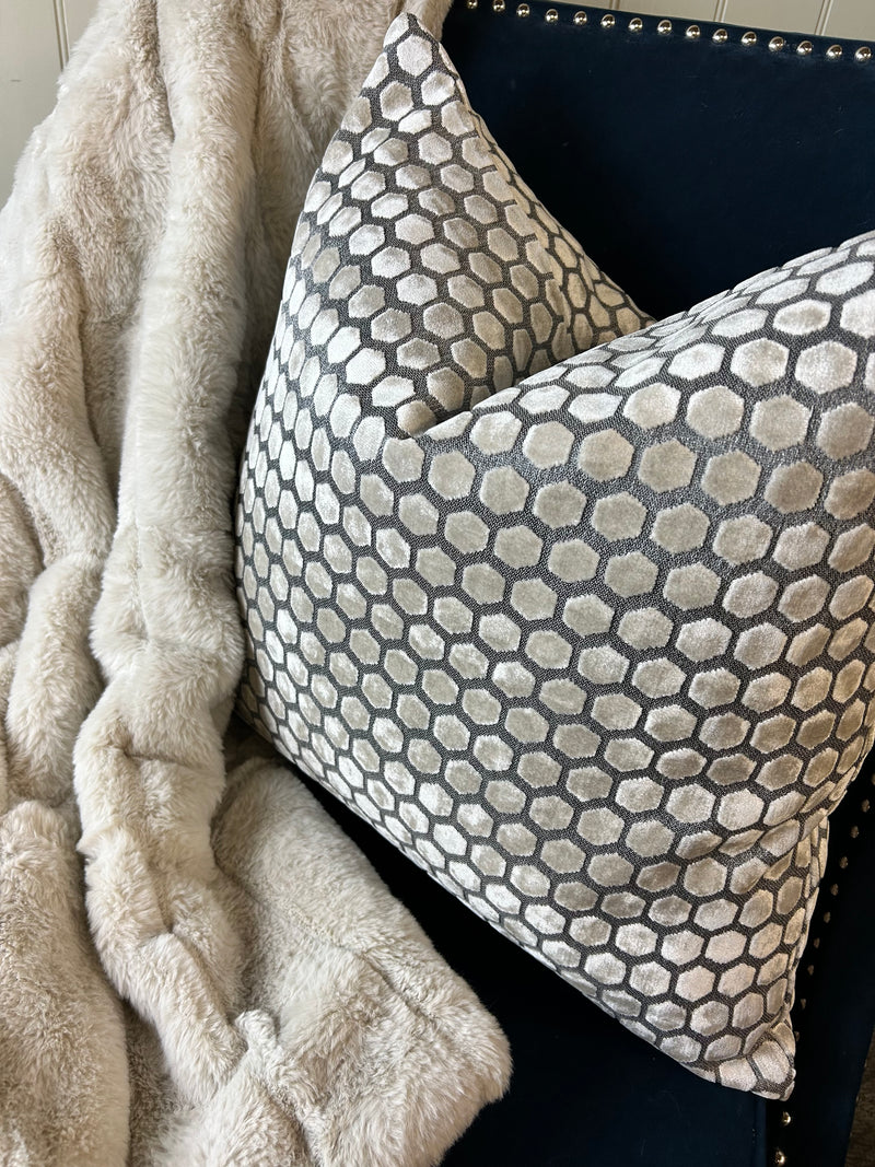 Cream and grey Jorvik hexagon cut velvet luxury cushion two sizes