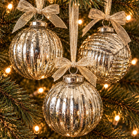 Set of three heavy glass decorations mottled champagne gold silver