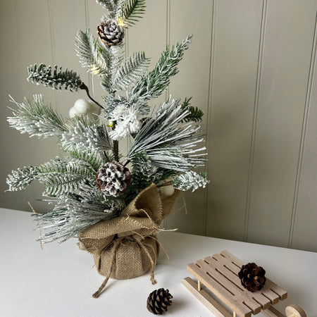 LED Snowy Pinecone Tree with Jute wrapped Base 50cm