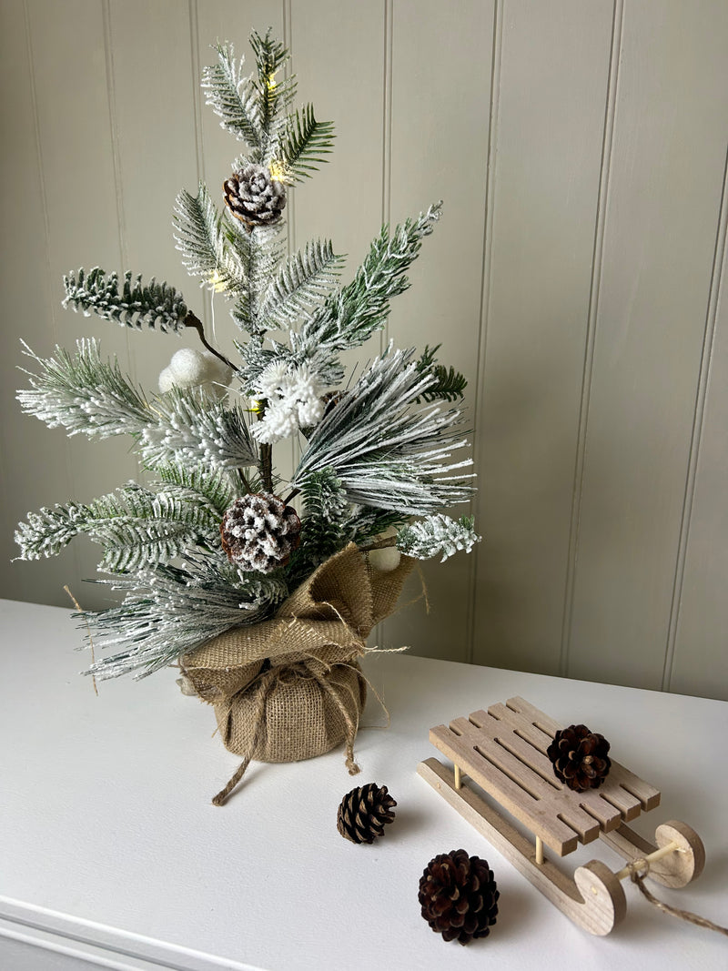 LED Snowy Pinecone Tree with Jute wrapped Base 50cm