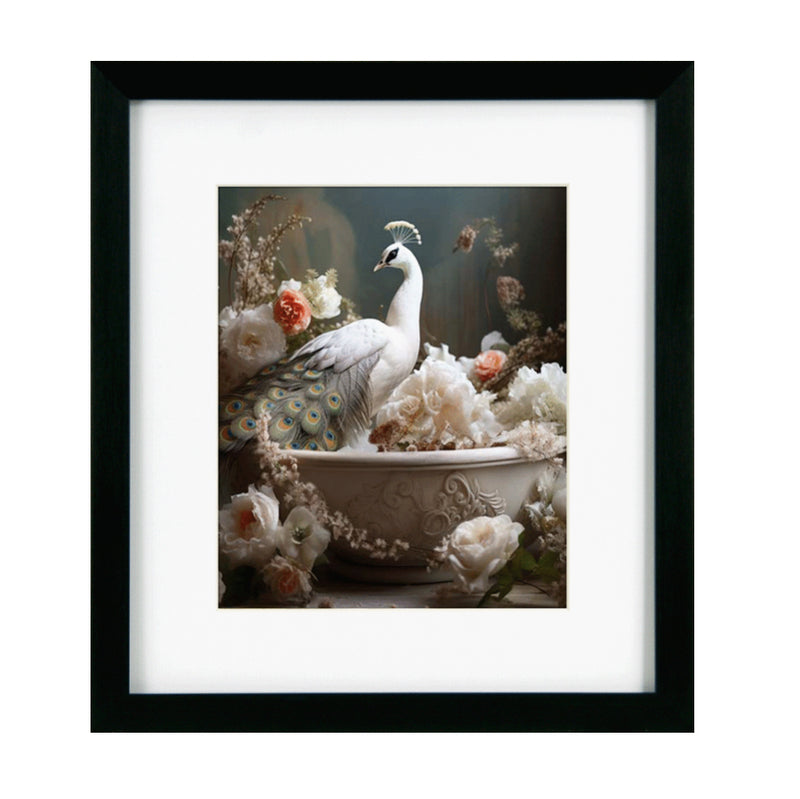 Bathroom joy peacock framed print 30x34cm
