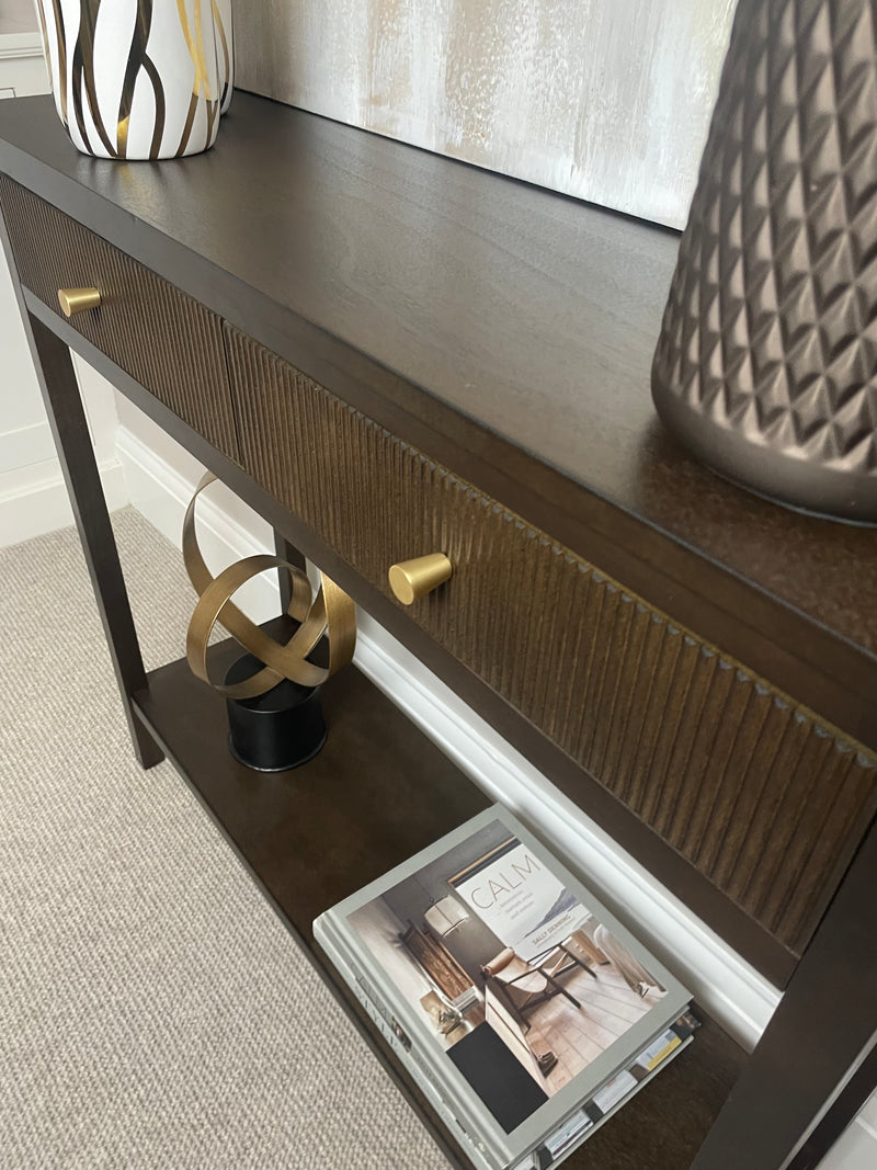 Lindon Walnut Brown Two Drawer Console With Gold Handles