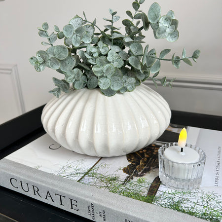 White Ribbed Ceramic squat Vase