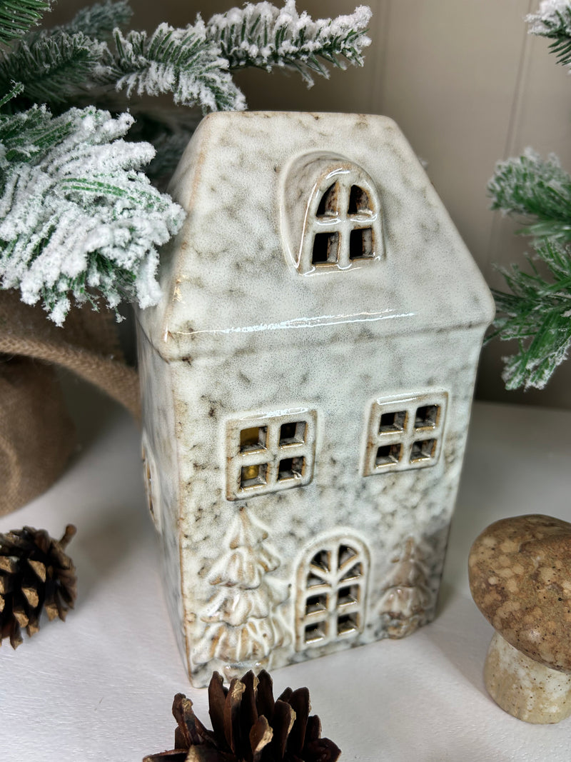 Neutral Two Tone reactive glaze LED light up Ceramic House