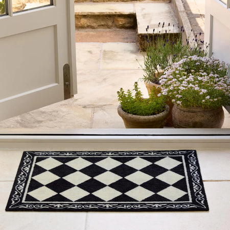 Back and cream traditional tile look mat door mat rug washable 2 sizes