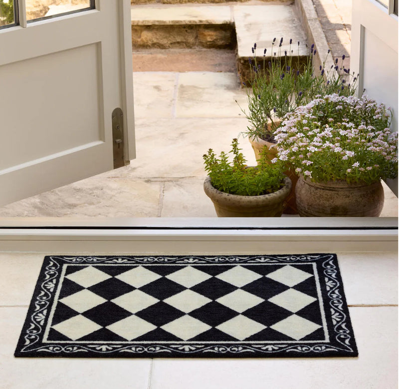Back and cream traditional tile look mat door mat rug washable 2 sizes