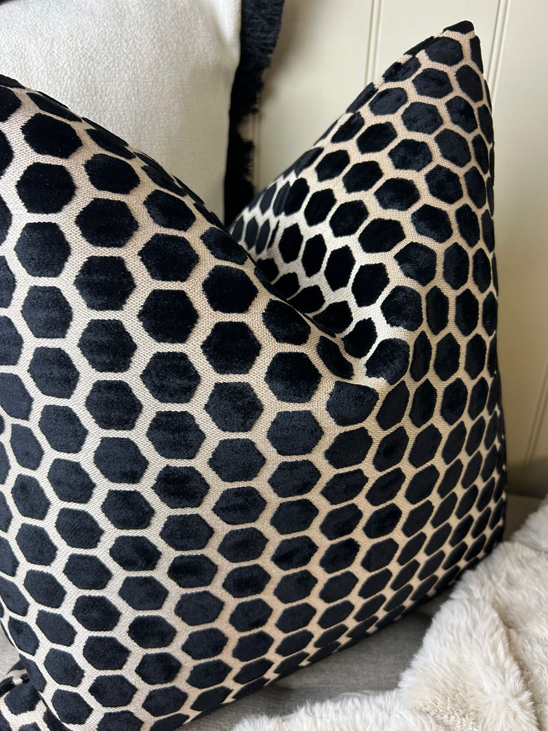Black Natural printed textured Jorvik hex luxury cushion 43cm