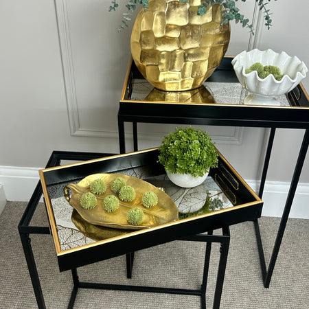 Black and gold leaf embossed tray side tables removable tray 2 sizes available