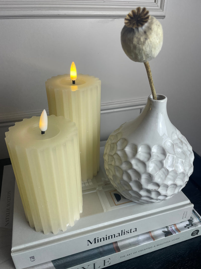 Cream ribbed LED candle with timer