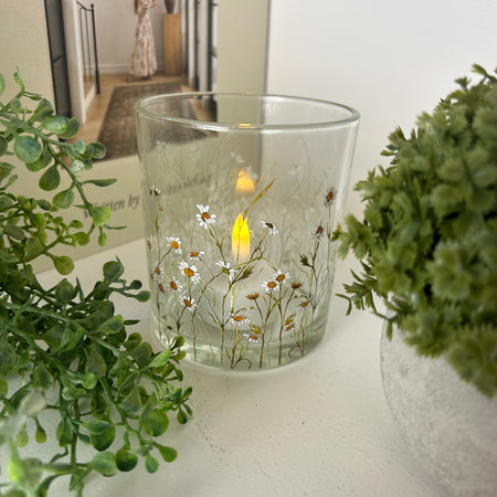 Pretty glass daisy flower candle holder 10cm