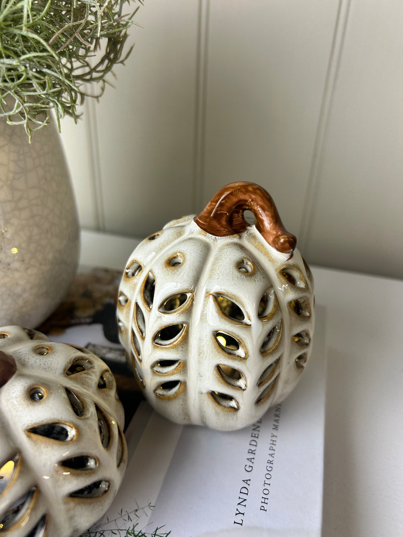Neutral Two Tone LED Light up Ceramic Pumpkins, 2 Sizes