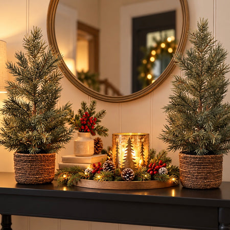 Realistic tree in dark brown woven plant pot