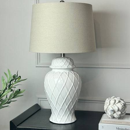 Ceramic base lattice grid lamp with linen shade
