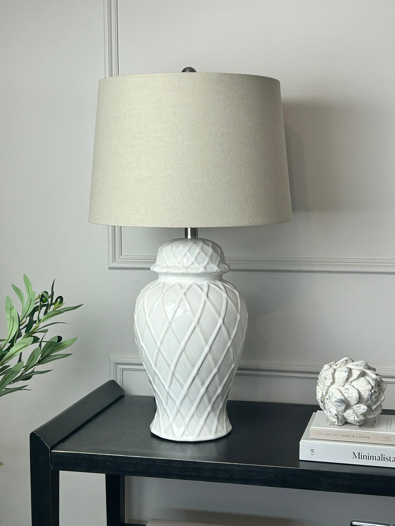 Darcy stone rustic lamp with linen shade