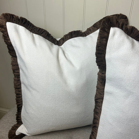 Large Ivory white boucle weave with Chocolate Brown Trim Edge Hugo Cushion 56cm