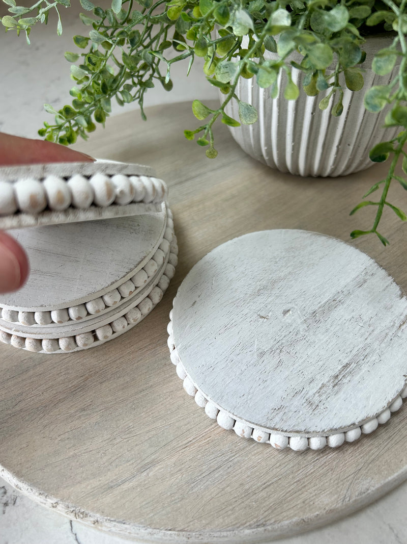 Beaded mango wood white coasters set of 4