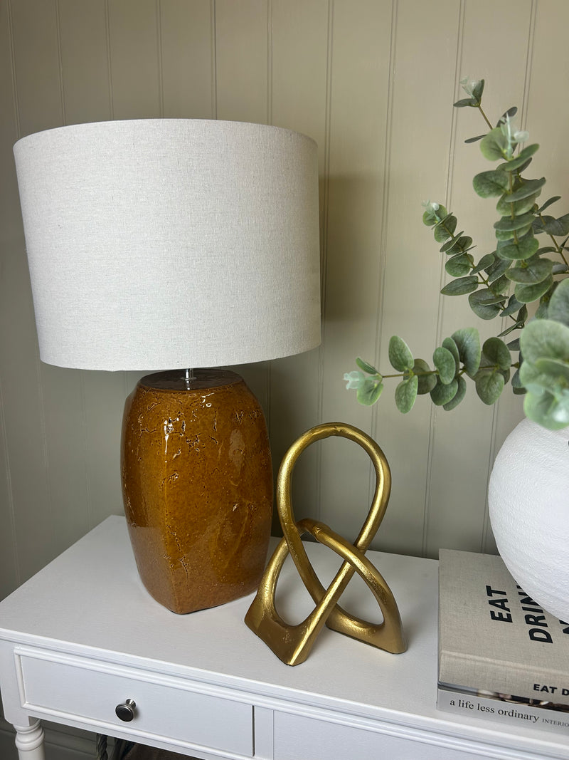 Russet rust chunky ceramic lamp with linen white shade