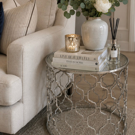 Silver metal side table with mirrored top 2 sizes