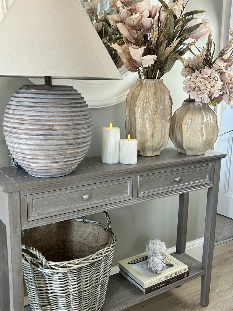 Washed wood 2 drawer console table with shelf