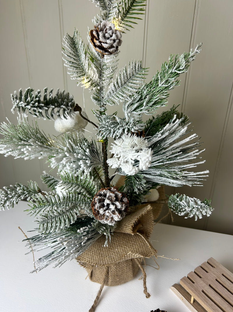 LED Snowy Pinecone Tree with Jute wrapped Base 50cm