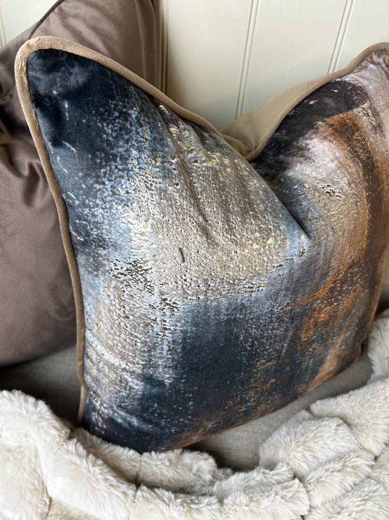 Paul Moneypenny Bronze brown navy Abstract Too Good Velvet Cushion 45cm