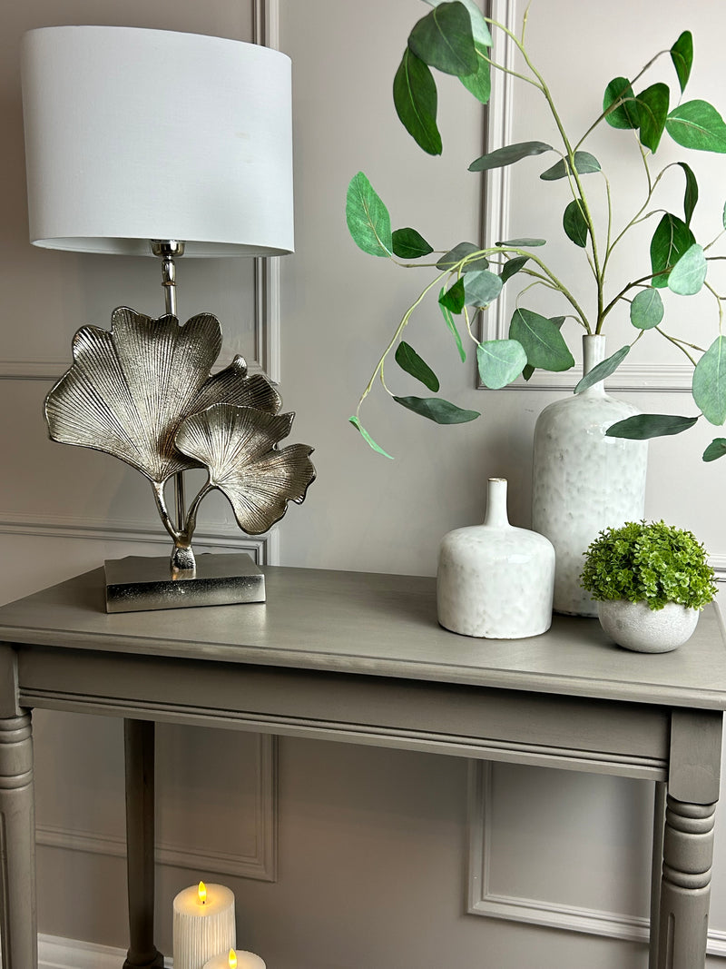Gingko champagne leaf petal metal lamp with white oval shade
