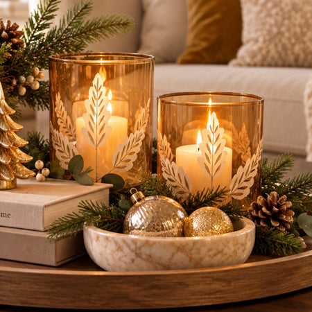 Brown amber gold leaf embossed candle holder two sizes