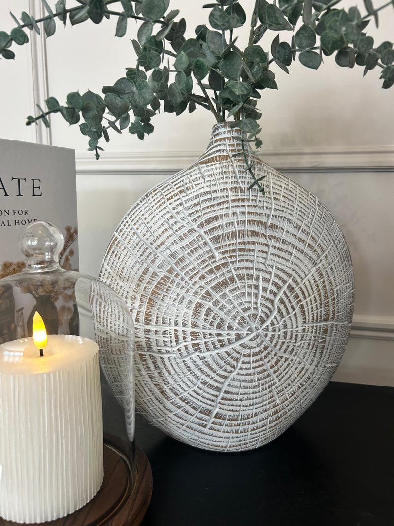 Brown and white textured wood look round vase