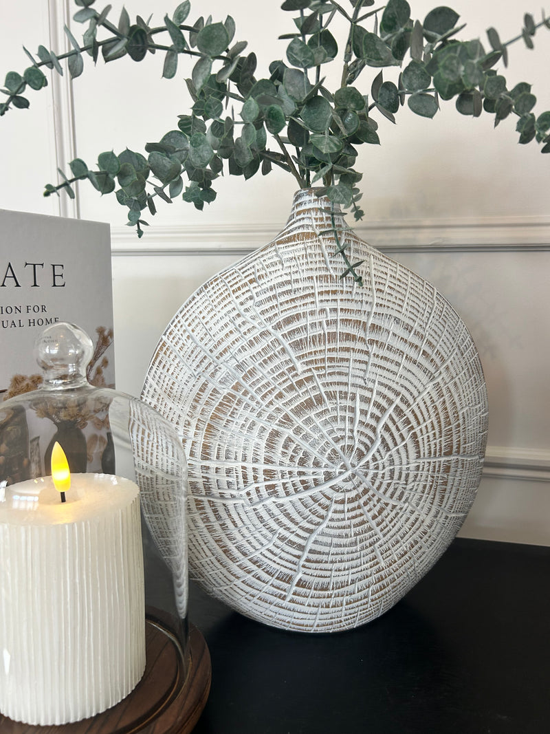 Brown and white textured wood look round vase