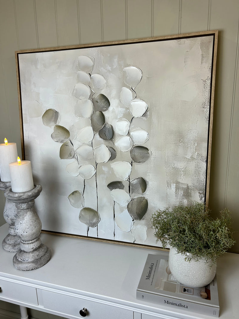 Mistora leaf eucalyptus stem floral hand painted picture framed art 80x80