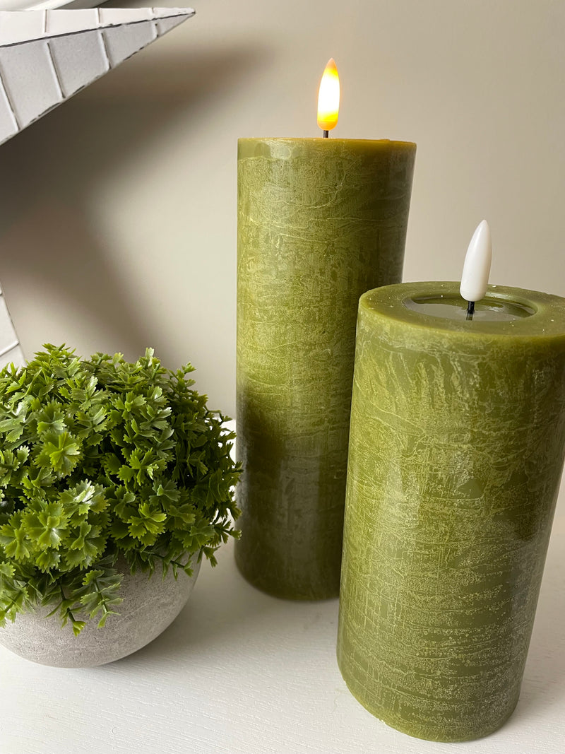 Moss Green Wax Led Flickering Candle with remote and timer