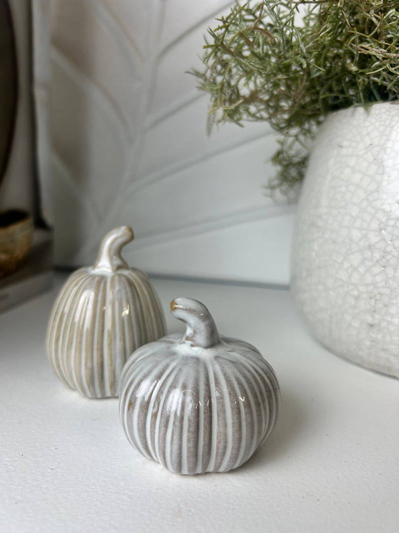 Set of two reactive glaze ribbed pumpkins