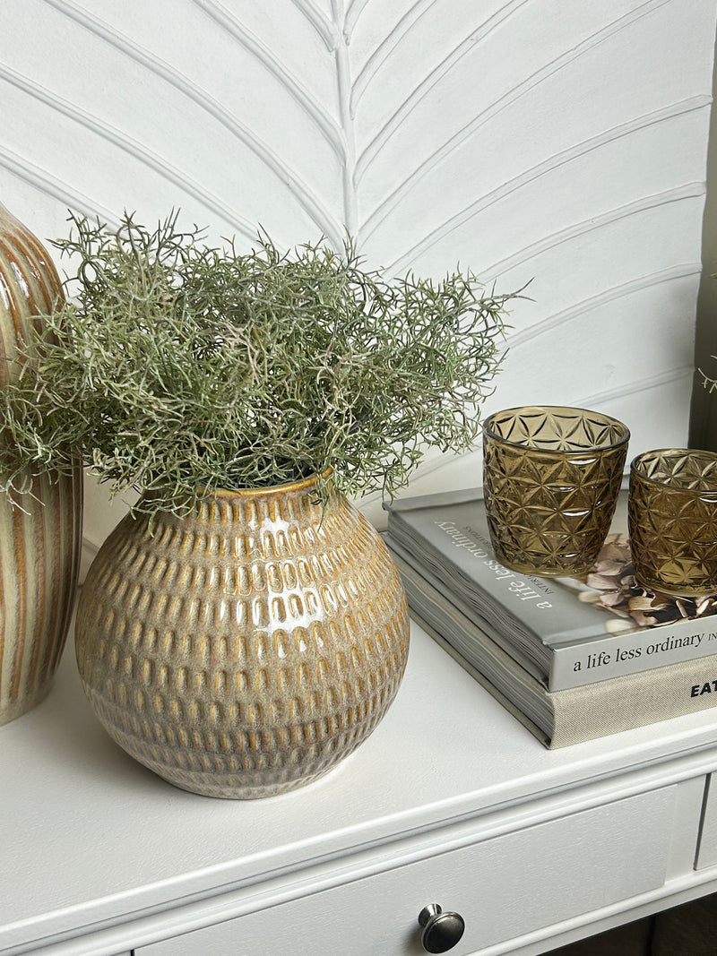 Textured dot dash squat vase brown beige