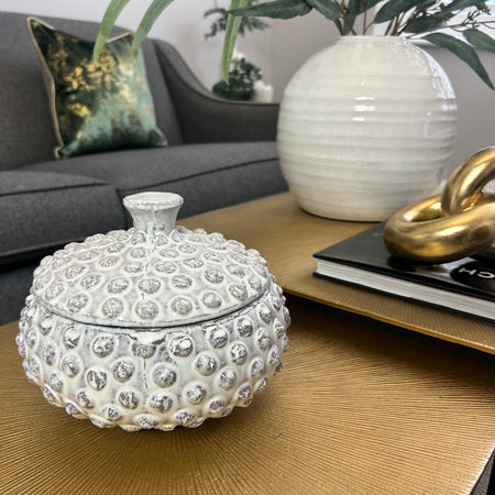 Bobble lidded rustic ceramic jar off white