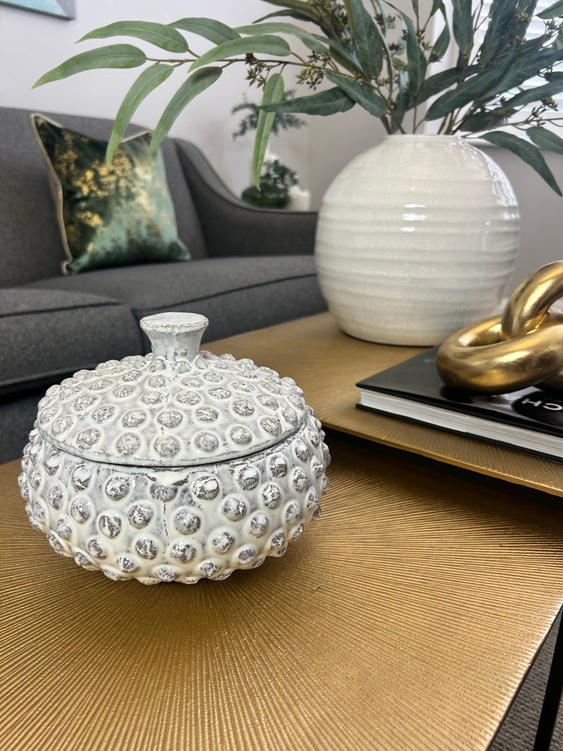 Bobble lidded rustic ceramic jar off white