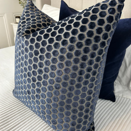 Navy Blue Jorvik Hexagon Velvet luxury Cushion Two Sizes