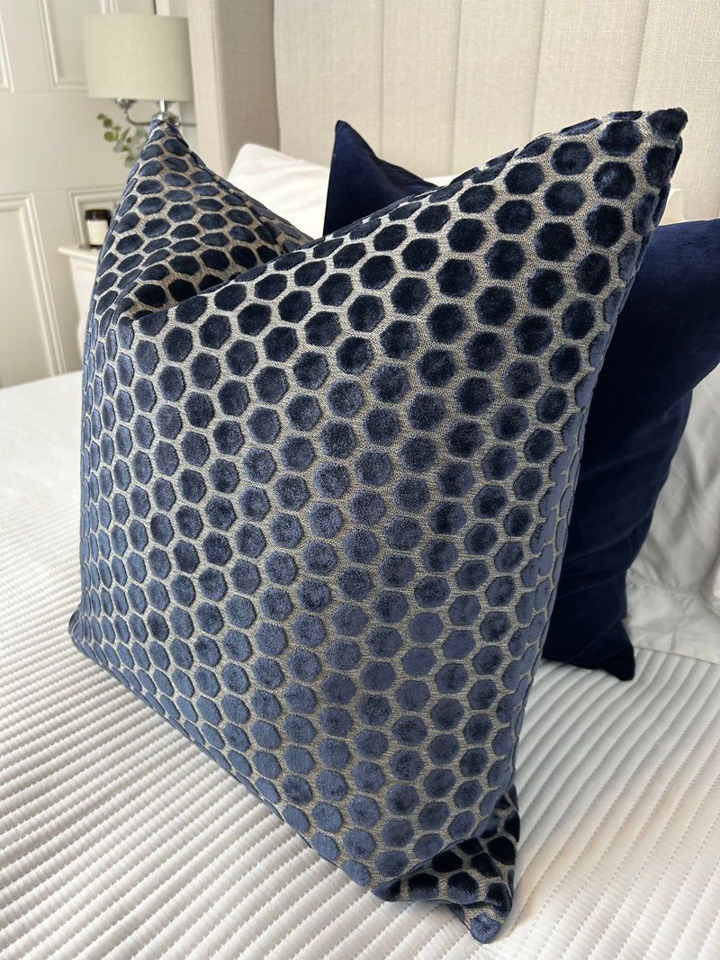 Navy Blue Jorvik Hexagon Velvet luxury Cushion Two Sizes