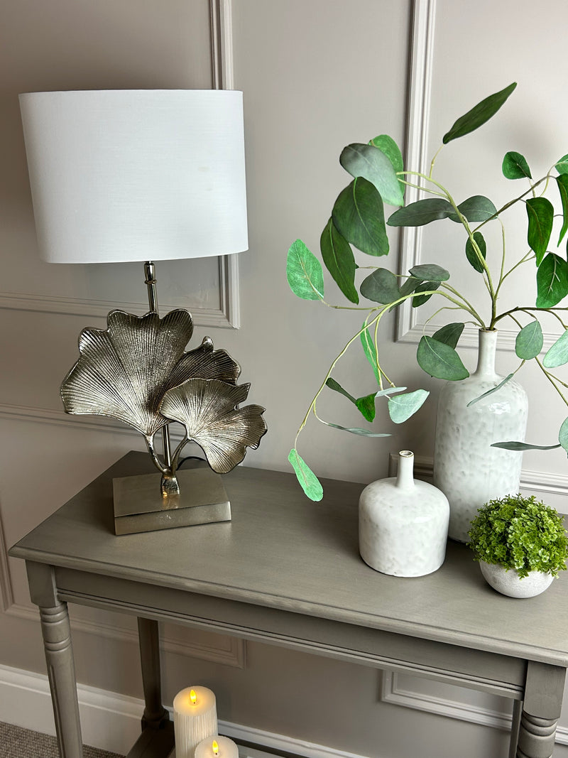 Gingko champagne leaf petal metal lamp with white oval shade
