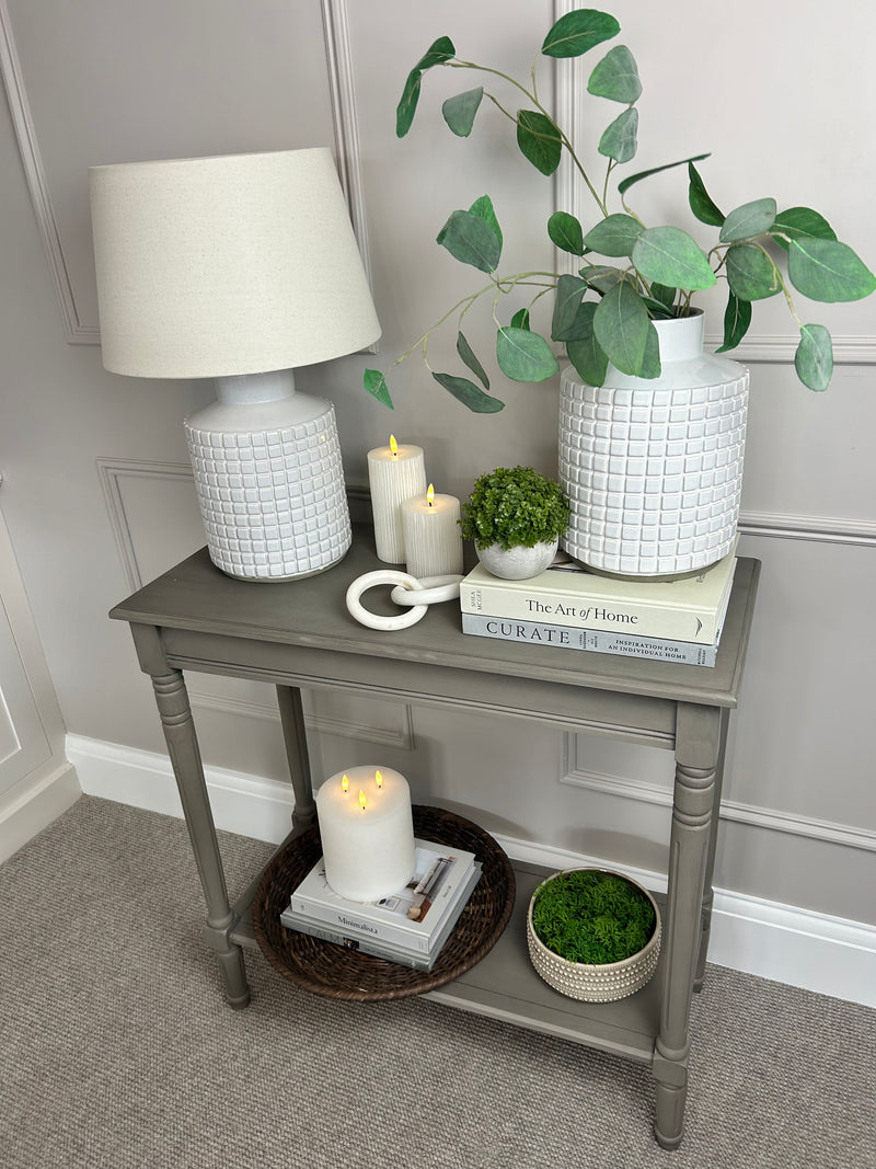 Stone grid print white lamp with linen shade