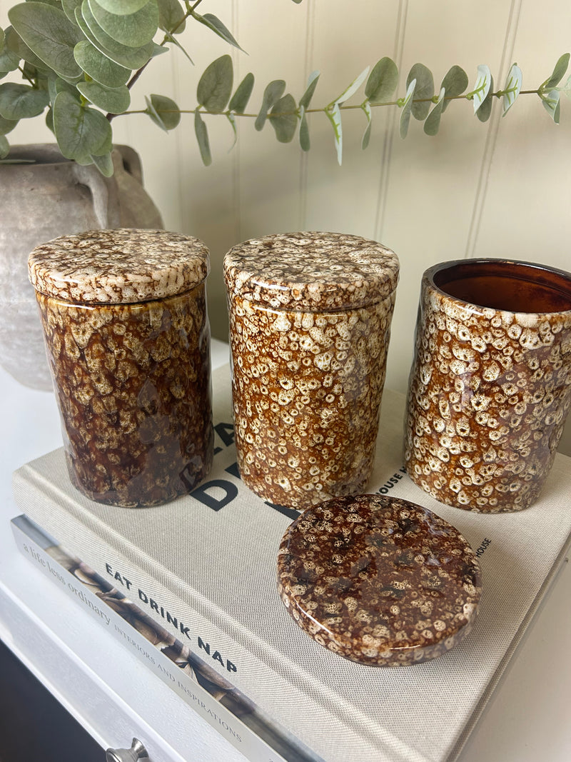 Reactive brown mottled print lidded canisters jars