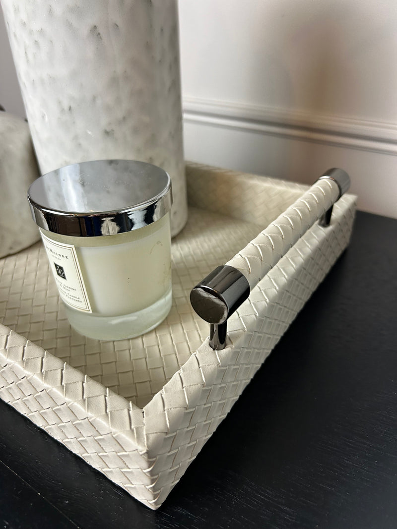 Cream leather look woven tray with gunmetal handles