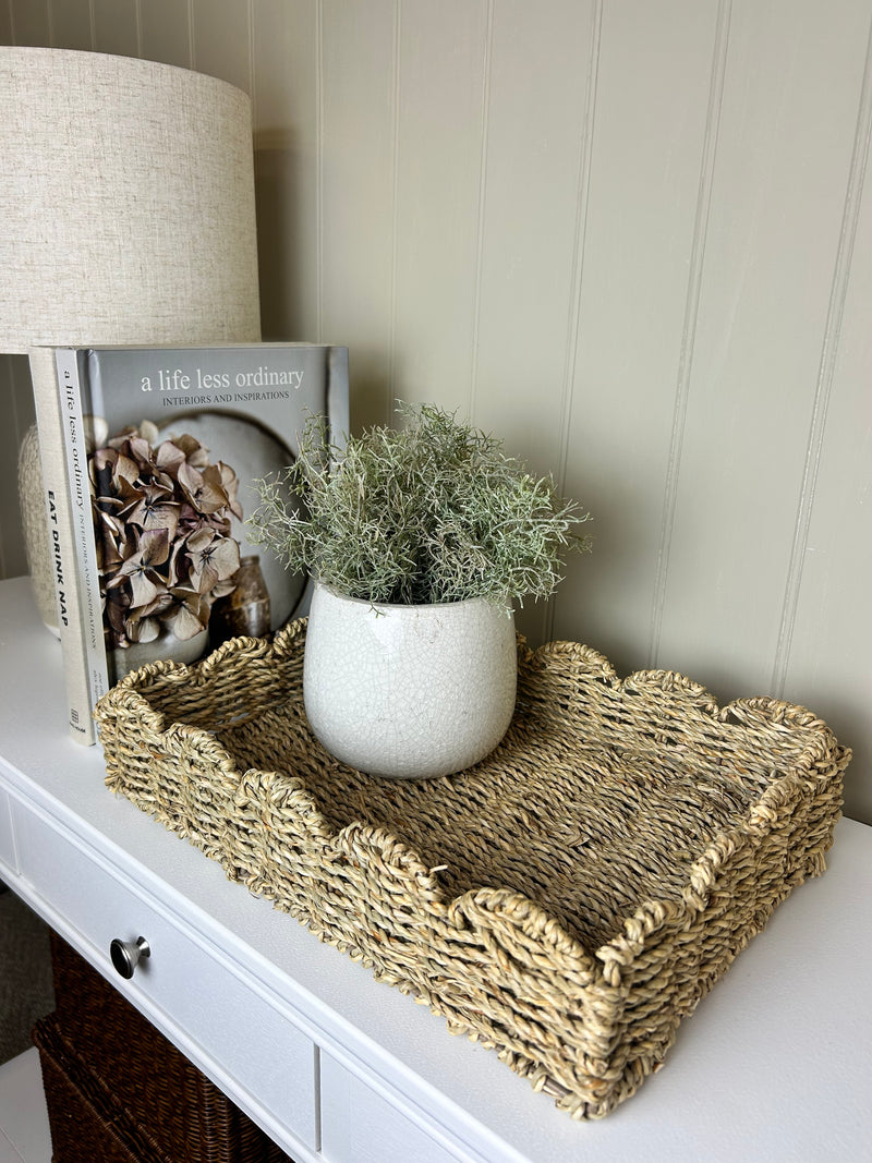 Scallop Edge Rattan Weave woven Basket Tray With Handles