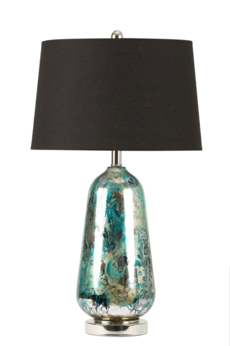 Blue and silver abstract peacock glass lamp with black shade