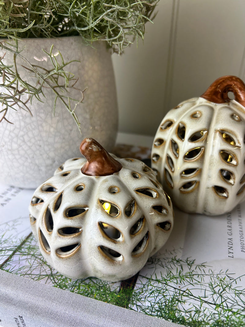 Neutral Two Tone LED Light up Ceramic Pumpkins, 2 Sizes