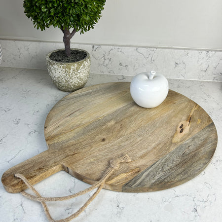 Large Round Mango Wood Serving Chopping Board With Handle 40cm