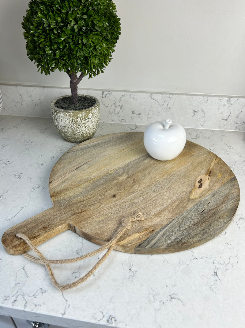 Large Round Mango Wood Serving Chopping Board With Handle 40cm