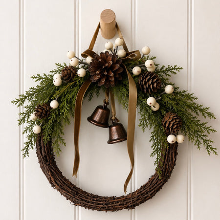White berry wreath with bells 26cm